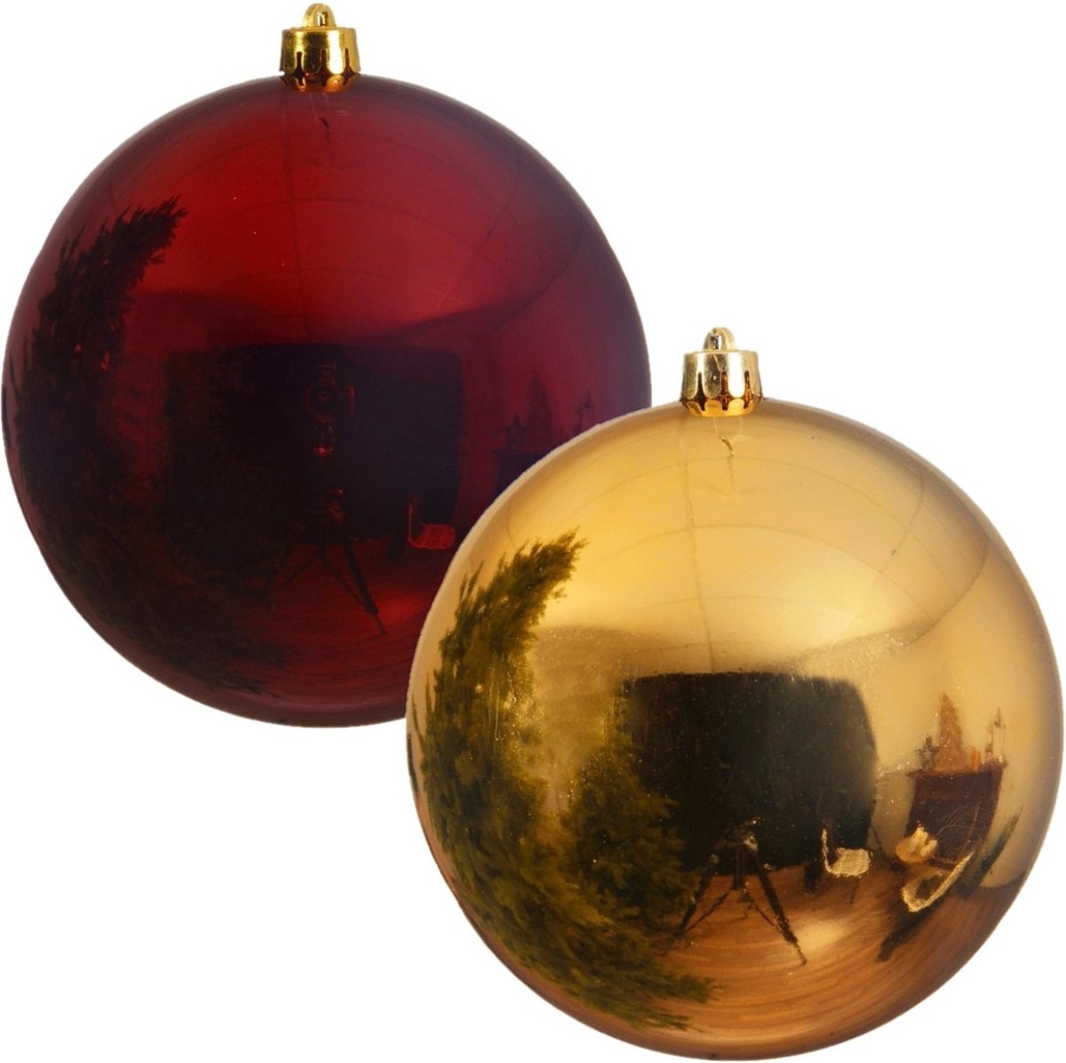 Kerstversieringen set van 6x grote kunststof kerstballen rood en goud 14 cm glans - 3x per kleur