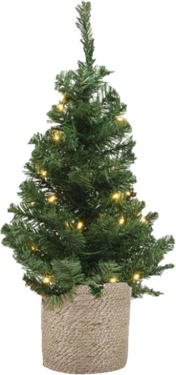 Kunstboom/kunst kerstboom groen 60 cm met verlichting en naturel jute pot - Kunstboompjes/kerstboompjes