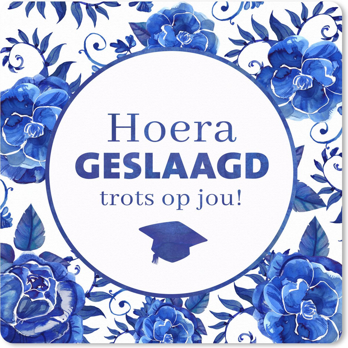 Muismat XXL 80x80 cm - Bureau onderlegger - Bureau mat Spreuken - Blauw - 'Hoera geslaagd, trots op jou!' - Quotes - Bureaumat - Gaming mousepad xl - Bureaulegger groot - Computer deskmat