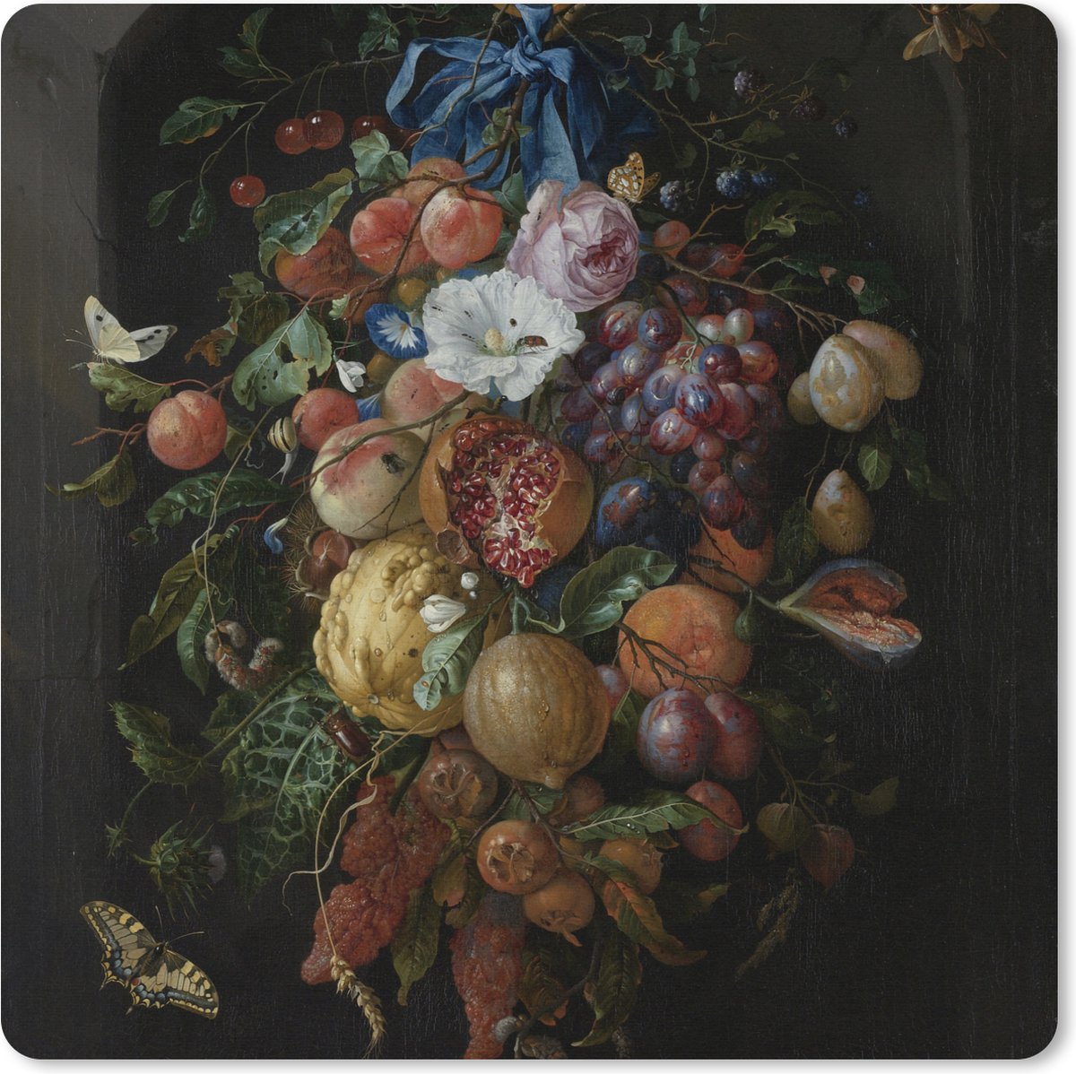 Muismat XXL 60x60 cm - Bureau onderlegger - Bureau mat Festoen van vruchten en bloemen - Schilderij van Jan Davidsz. de Heem - Bureaumat - Gaming mousepad xl - Bureaulegger groot - Computer deskmat