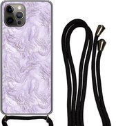 Hoesje met koord Geschikt voor iPhone 13 Pro Max - Marmer print - Zilver - Luxe - Patroon - Siliconen - Crossbody - Backcover met Koord - Telefoonhoesje met koord - Hoesje met touw