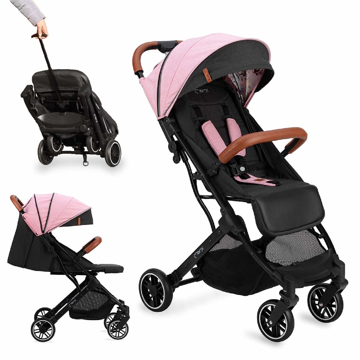 MoMi Estelle Kinderwagen - Lichtgewicht Buggy - Compact Opvouwbaar - Met Verstelbare Rugleuning - Reisbuggy 6+ Maanden - Zwart/Roze