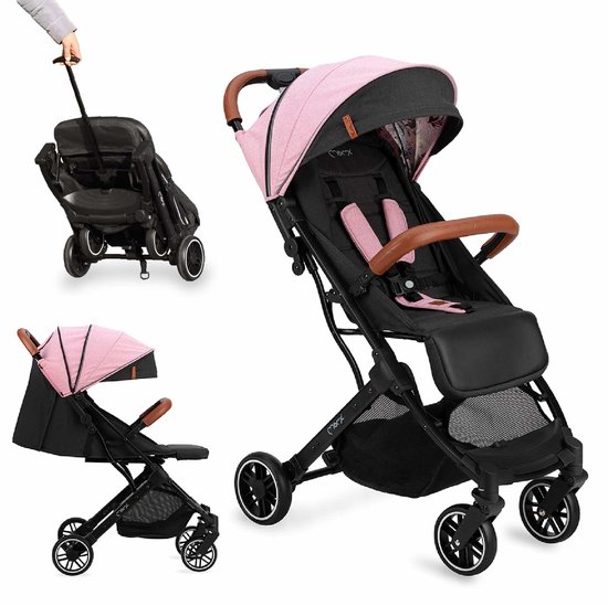 Montage van een roze en zwarte kinderwagen, open en gesloten.