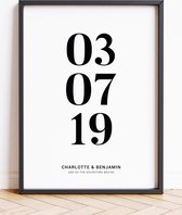 DATE POSTER (40 x 50 cm) | Gepersonaliseerd met datum | Gepersonaliseerd met naam | Gepersonaliseerde trouwposter | Geboorteposter | Jubileum cadeau | Koppel cadeau | Relatie | Trouwen | Verloving | Samenwonen