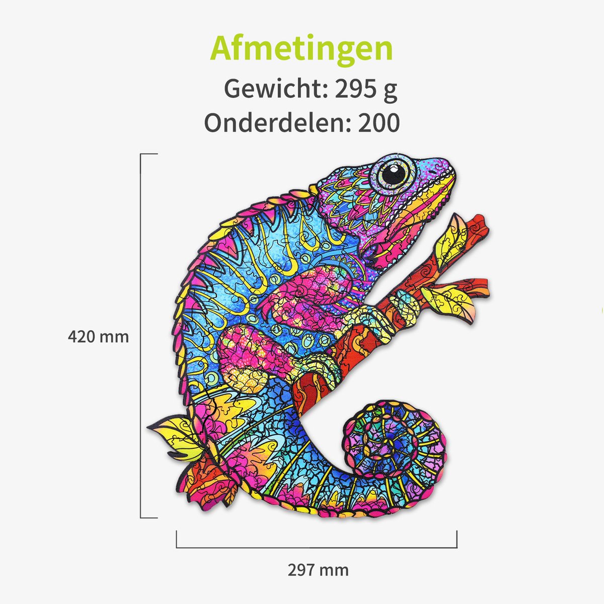 ACROPAQ Houten puzzel kameleon – 200 stukjes – A3 formaat (420 x 297 mm) – Houten legpuzzel dieren voor kinderen en volwassenen — cadeau in Spellen & Speelgoed - foto 4