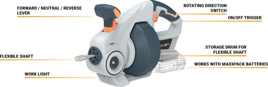 Wit/grijs gereedschap met oranje accenten, met labels die onderdelen aanduiden.