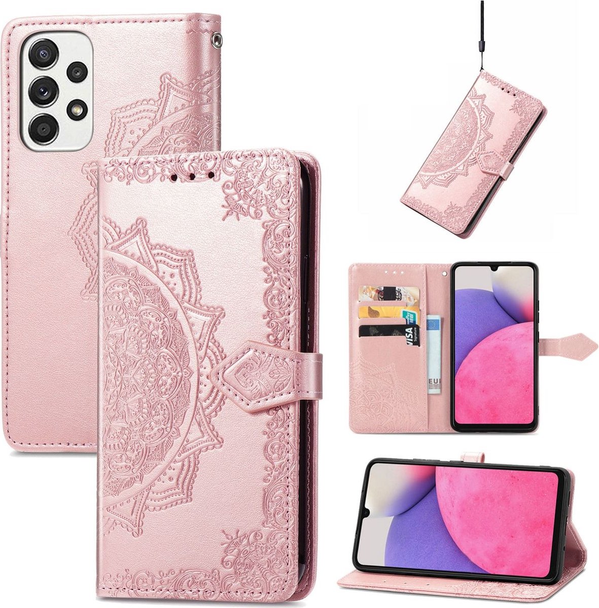 Mobigear Telefoonhoesje geschikt voor Samsung Galaxy A33 Hoesje | Mobigear Mandala Bookcase Portemonnee | Pasjeshouder voor 3 Pasjes | Telefoonhoesje voor Pinpas / OV Kaart / Rijbewijs - Roségoud