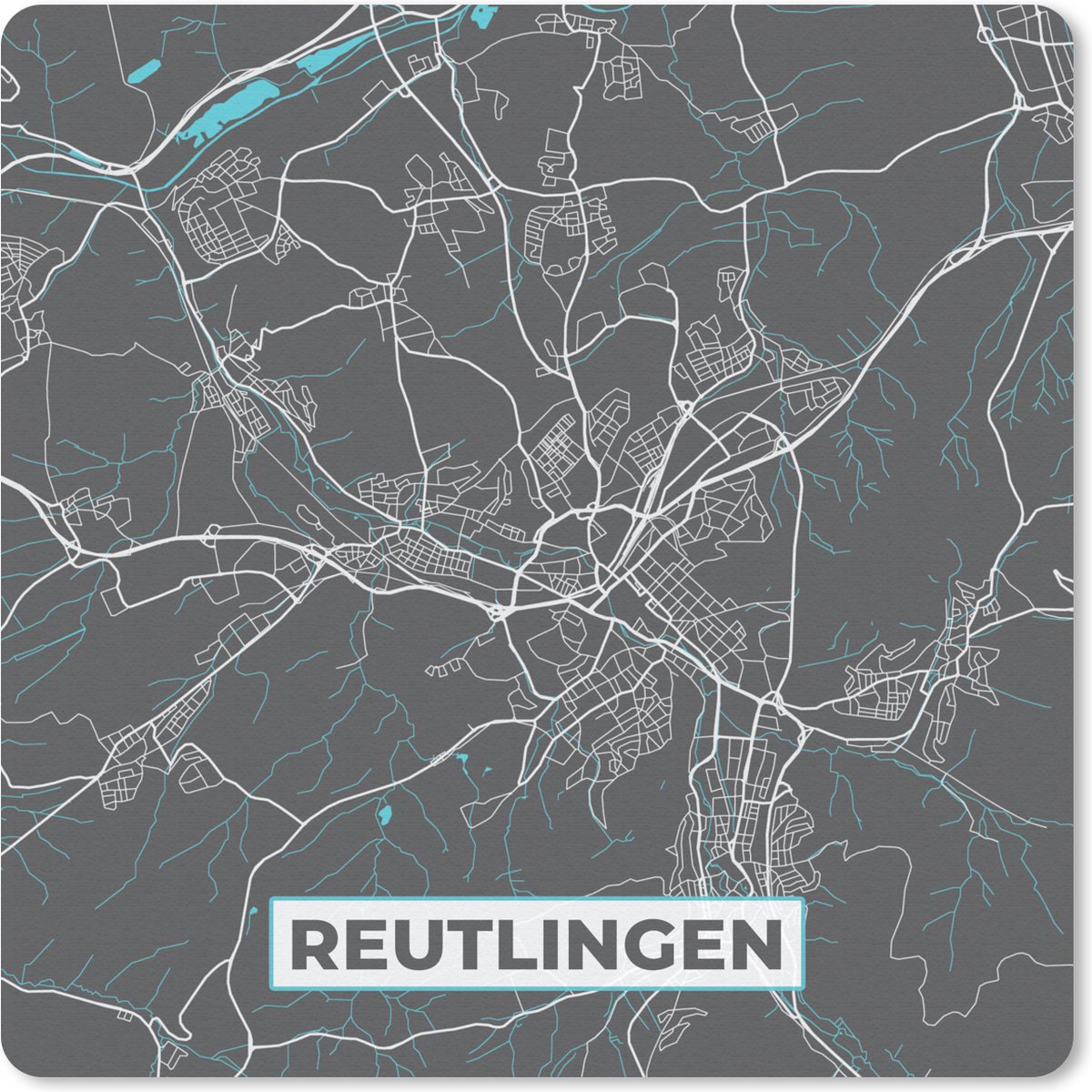 Muismat 20x20 cm - Mousepad Plattegrond – Reutlingen – Blauw – Stadskaart – Kaart - Duitsland - Muismatten - Stadskaart