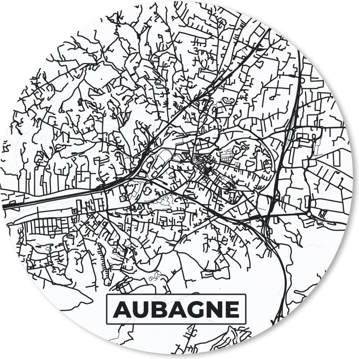 Muismat rond 50x50 cm - Mousepad Aubagne - Kaart - Stadskaart - Frankrijk - Plattegrond - Zwart wit - Ronde muismatten - Stadskaart