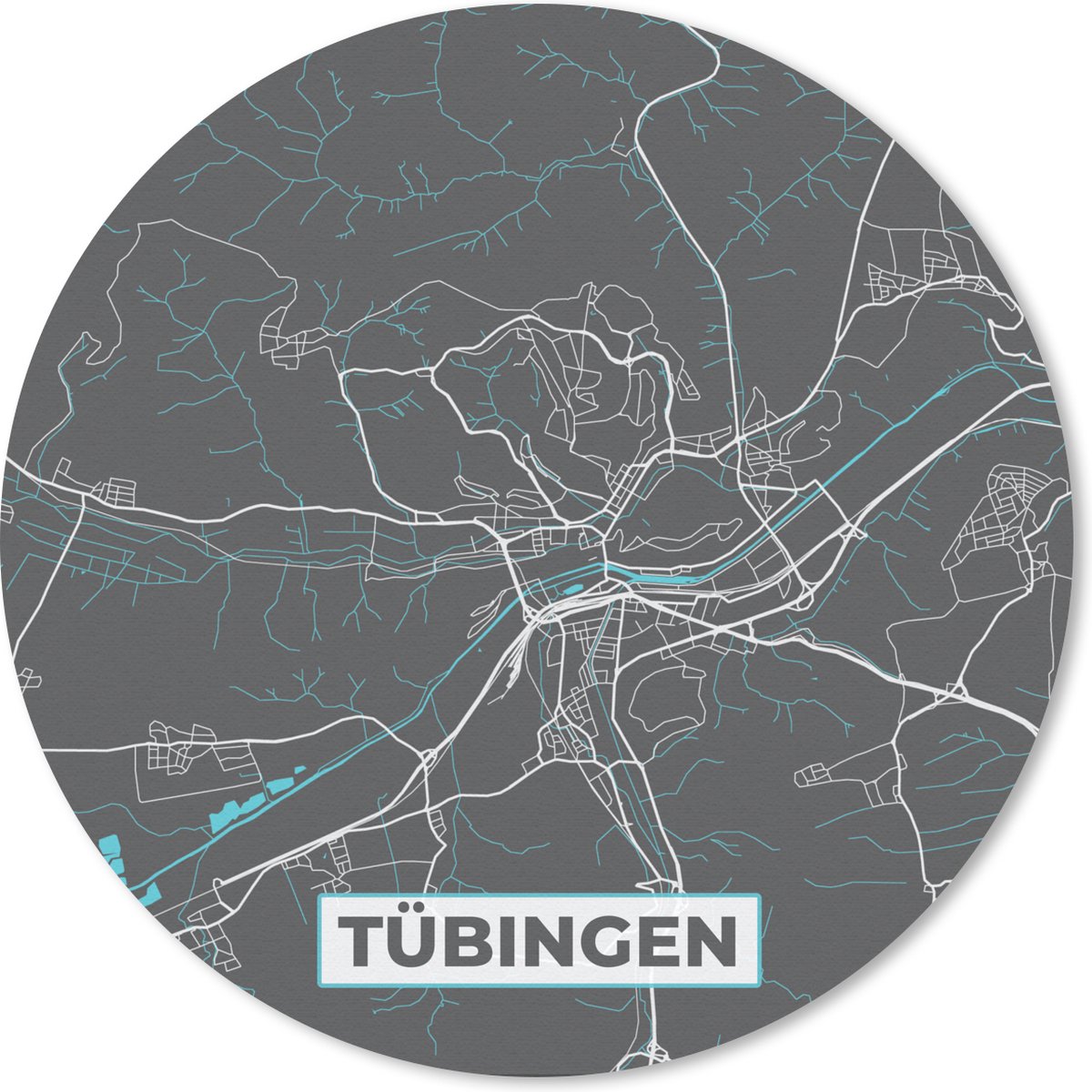 Muismat rond 40x40 cm - Mousepad Blauw – Duitsland – Plattegrond – Stadskaart – Kaart – Tübingen - Ronde muismatten - Stadskaart