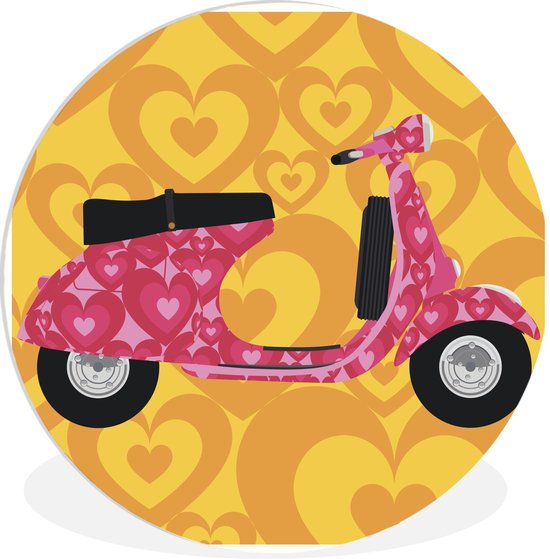 WallCircle - Wandcirkel ⌀ 120 - Illustratie van een roze Vespa scooter - Ronde schilderijen woonkamer - Wandbord rond - Muurdecoratie cirkel - Kamer decoratie binnen - Wanddecoratie muurcirkel - Woonaccessoires XXL