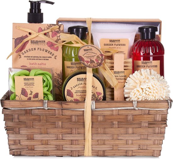 BRUBAKER Cosmetics Bad- en Doucheset Papaverbloemen Geur - 14-delige Cadeauset - Cadeautip Vrouw - Cadeau Idee - in Plantenmand - met Nagelborstel - Cadeau - Bodylotion - douchegel - Moederdag Cadeautje