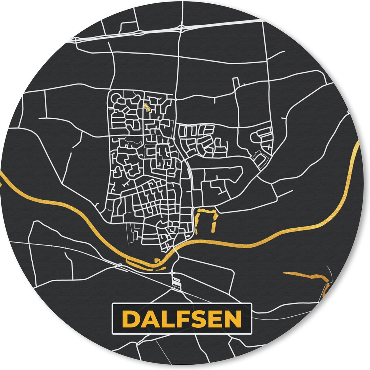 Muismat rond 40x40 cm - Mousepad Dalfsen - Black and Gold - Plattegrond - Kaart - Stadskaart - Ronde muismatten - Stadskaart