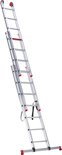 Een lange, aluminium reformladder in uitgestrekte positie met rode details.