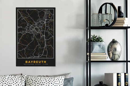 Tableau Peinture sur Toile Allemagne – Black and Gold et Or – Bayreuth – Plan de Ville – Carte – Plan d'Etage - 40x60 cm - Décoration murale
