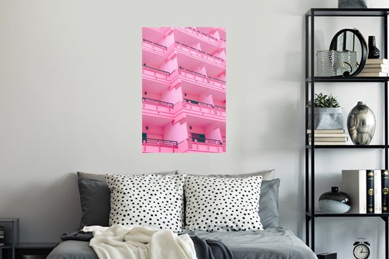 Muurstickers - Sticker Folie - Balkon - Zomer - Roze - Architectuur - 40x60 cm - Plakfolie - Muurstickers Kinderkamer - Zelfklevend Behang - Zelfklevend behangpapier - Stickerfolie