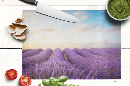 Planche à découper en Verres - 39x28 - Lavande - Ciel - Nuages ​​- Fleurs - Planches à découper en Glas