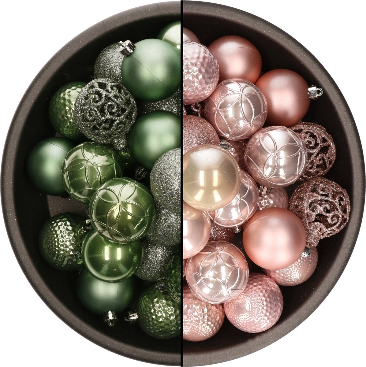 74x stuks kunststof kerstballen mix salie groen en lichtroze 6 cm - Onbreekbare kerstballen - Kerstversiering