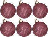 6x stuks kunststof glitter kerstballen aubergine roze 6 cm - Onbreekbare kerstballen - Kerstversiering