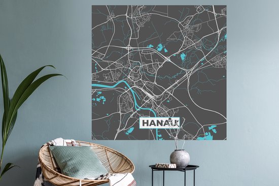 Muurstickers - Sticker Folie - Blauw – Duitsland – Plattegrond – Stadskaart – Kaart – Hanau - 120x120 cm - Plakfolie - Muurstickers Kinderkamer - Zelfklevend Behang XXL - Zelfklevend behangpapier - Stickerfolie