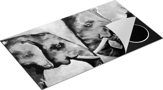 Chefcare Inductie Beschermer Twee Getekende Olifanten - Abstract - Zwart Wit - 91,2x52 cm - Afdekplaat Inductie - Kookplaat Beschermer - Inductie Mat