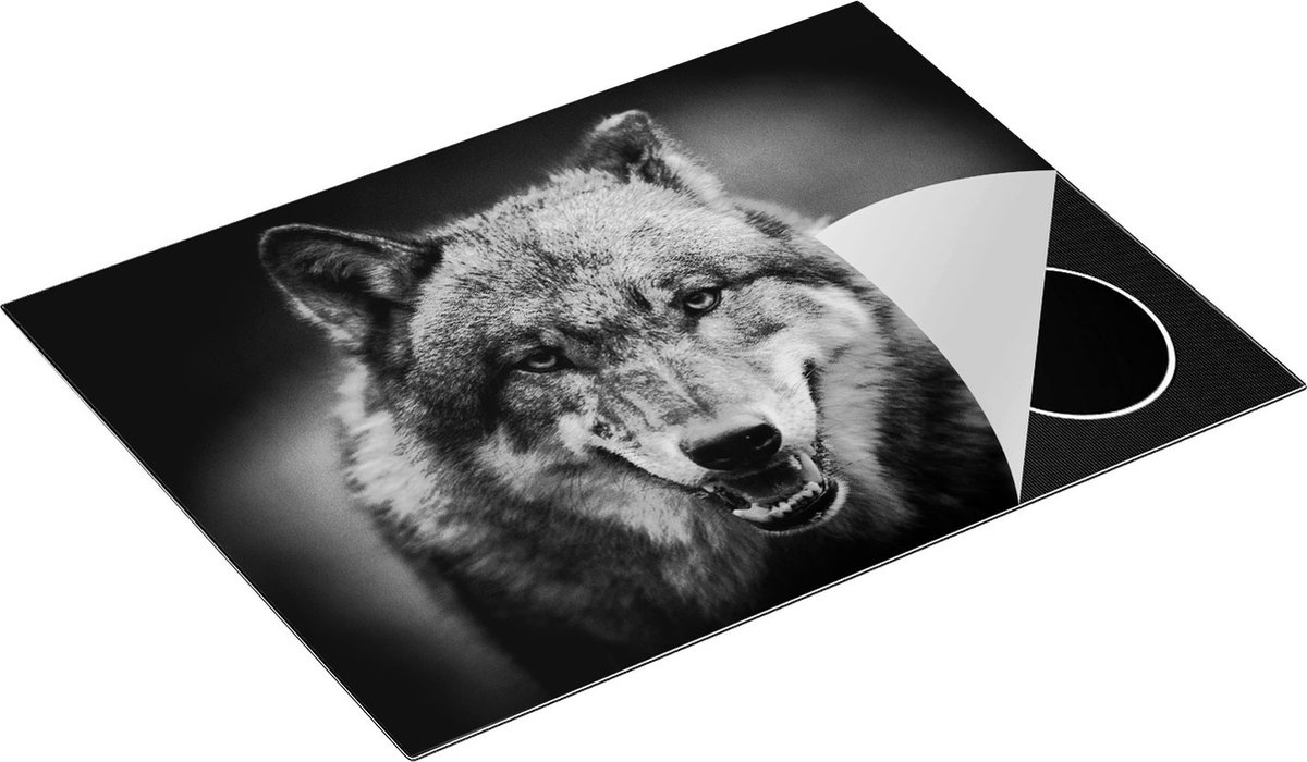 Chefcare Inductie Beschermer Wolvenkop met Blauwe Ogen - Wolf - Zwart Wit - 70x50 cm - Afdekplaat Inductie - Kookplaat Beschermer - Inductie Mat