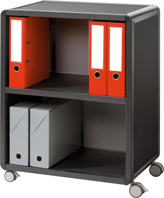 Zwart mobiel archiefmeubel met wielen, twee open compartimenten. Zes ordners, vier rood en twee grijs, zijn in het meubel geplaatst.