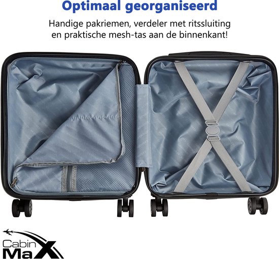 Open gele koffer toont gele riemen, mesh-vak en binnenzijde.