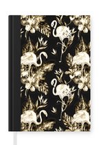 Notitieboek - Schrijfboek - Bloemen - Goud - Flamingo - Notitieboekje klein - A5 formaat - Schrijfblok