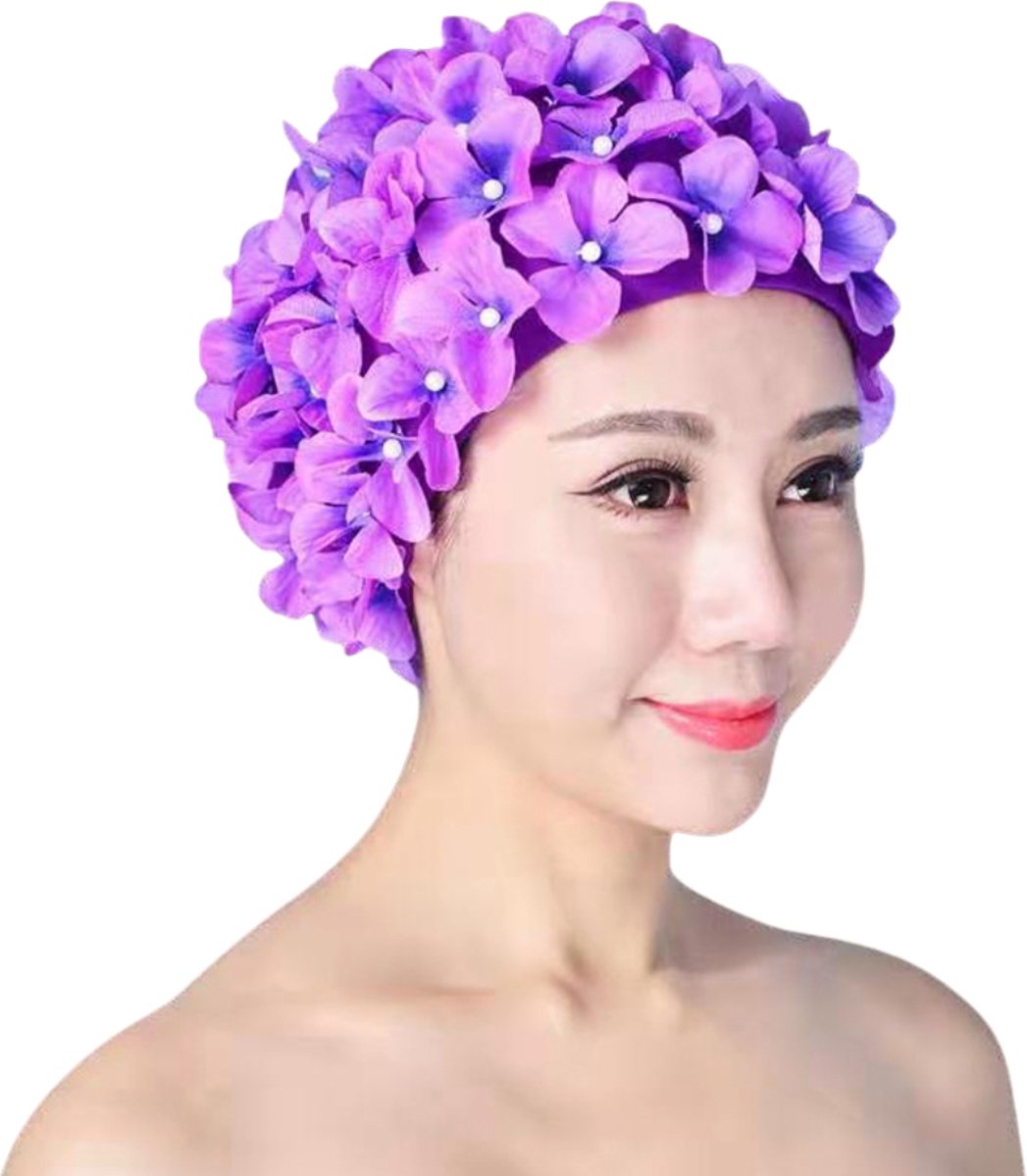 Winkrs | Paarse Bloemetjes Badmuts | Douche accessoire, haarbedekking, douchecap, zwemmen — afbeelding 2