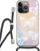 Case Company® - Hoesje met koord geschikt voor iPhone 13 Pro hoesje met Koord - White butterfly - Telefoonhoesje met Zwart Koord - Extra Bescherming aan alle Kanten en Over de Schermrand