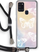 Case Company® - Hoesje met koord geschikt voor Samsung Galaxy A21s hoesje met Koord - White butterfly - Telefoonhoesje met Zwart Koord - Bescherming aan alle Kanten en Over de Schermrand