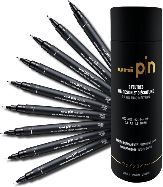 Uni Pin Fineliner - Set De 9 Stylos Dessin - Encre Noire Résistante