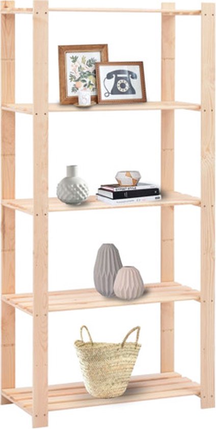 Étagère de rangement en bois à cinq niveaux, décorée de vases et d'objets.