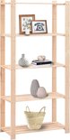 Étagère de rangement en bois à cinq niveaux, décorée de vases et d'objets.