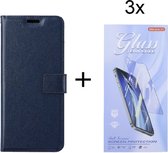 Bookcase Geschikt voor: Motorola Moto G200 5G - Donkerblauw - portemonnee hoesje met 3 stuk Glas Screen protector