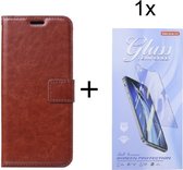 Bookcase Geschikt voor: Motorola Moto G51 5G - Bruin - portemonnee hoesje met 1 stuk Glas Screen protector