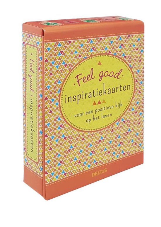 Doosje met 'Feel good inspiratiekaarten' in een gele cirkel, met gekleurde driehoekjes.
