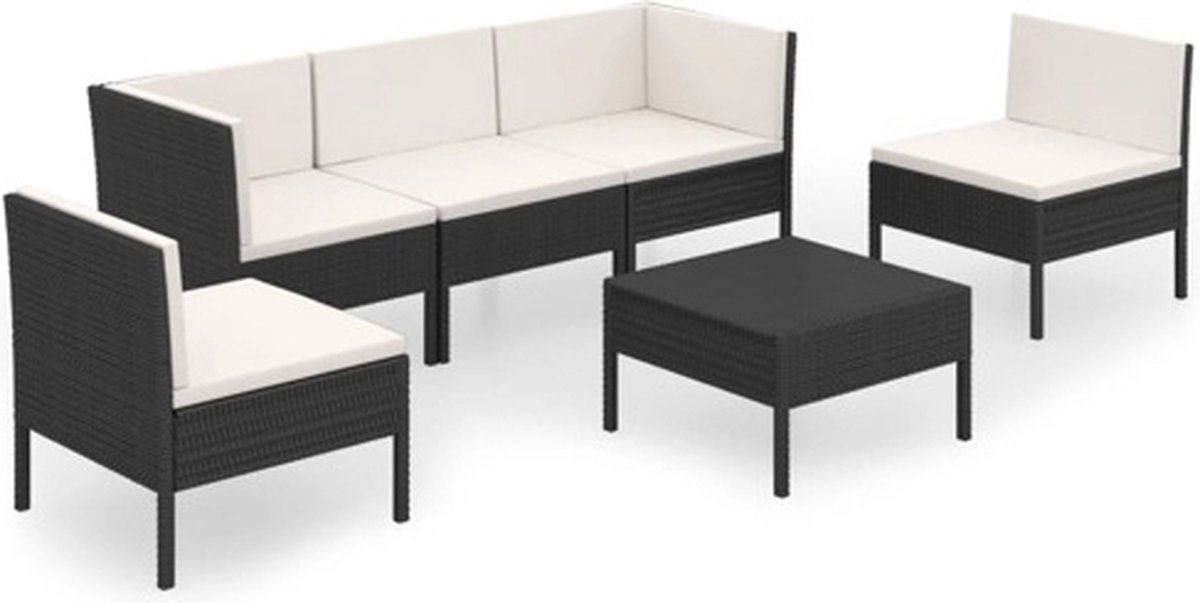 vidaXL 6-delige Loungeset met kussens poly rattan zwart