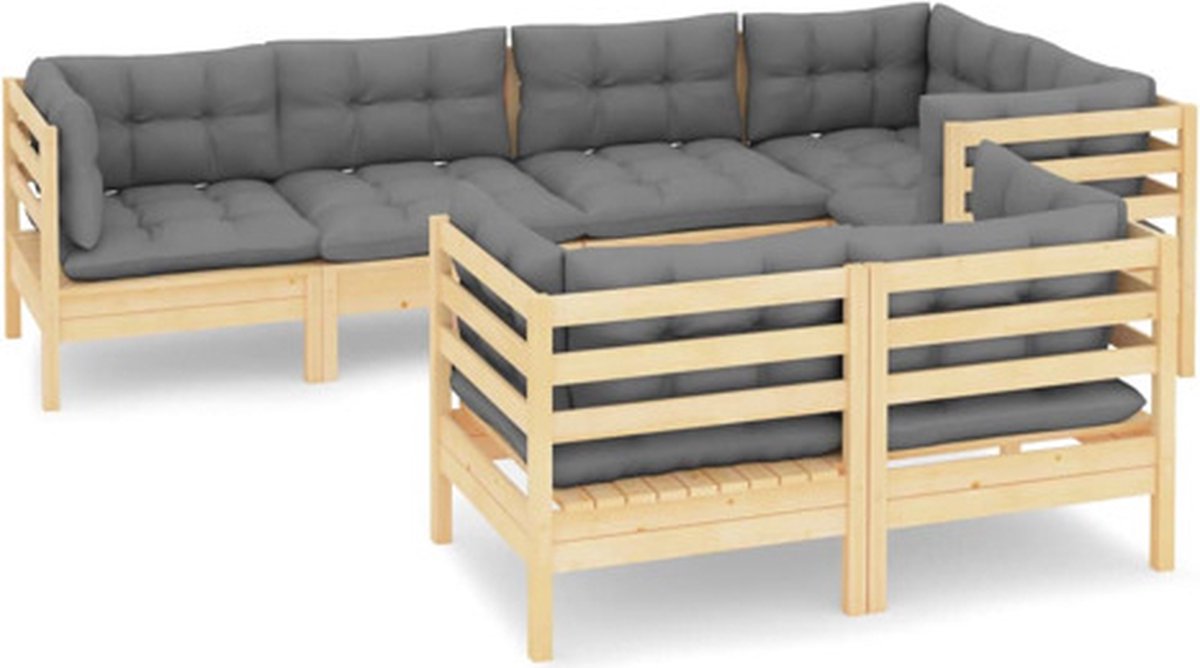 vidaXL 7-delige - Loungeset - met - grijze - kussens - massief - grenenhout Naturel