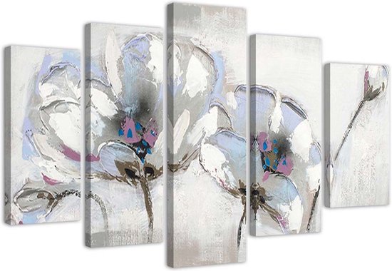 Trend24 - Canvas Schilderij - Painted Flowers - Vijfluik - Bloemen - 100x70x2 cm - Grijs