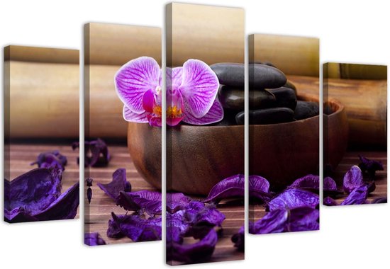 Trend24 - Peinture Sur Toile - Composition Zen Aux Orchidées Roses - Pentaptyque - Oriental - 100x70x2 cm - Violet