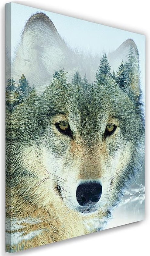 Trend24 - Canvas Schilderij - Wolf Op Een Bosachtergrond - Schilderijen - Dieren - 40x60x2 cm - Grijs