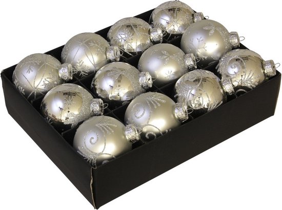 12x Glazen gedecoreerde zilveren kerstballen 7,5 cm - Luxe glazen kerstballen | bol.com