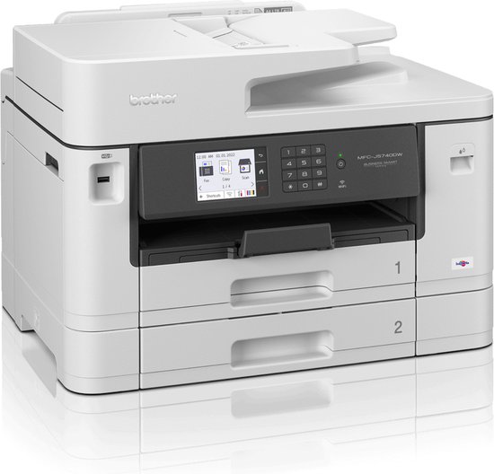 Witte Brother MFC-J740DW printer met twee papierlades, genummerd 1 en 2.