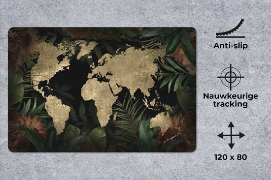 Tapis de souris XXL - Sous-main - Tapis de bureau - Carte du Wereldkaart - Vintage - Plantes - 120x80 cm - Tapis de souris XXL