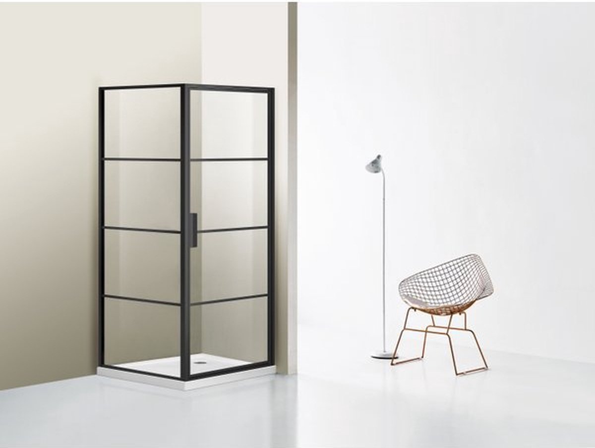 Saniclass Bellini douchecabine 80x80cm veiligheidsglas frame lines aan buitenzijde met anti kalk zwart mat