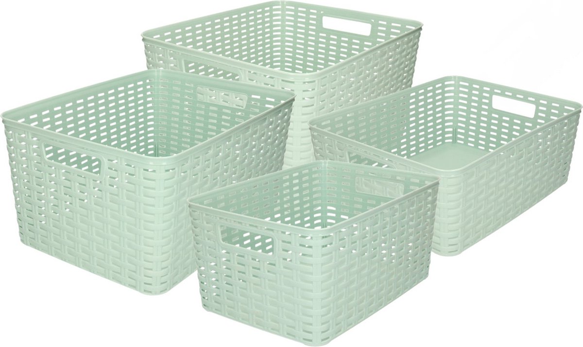 Opbergboxen / opbergmandjes set - 4x stuks - rotan kunststof - groen - met inhoud 10/12/18/28 liter