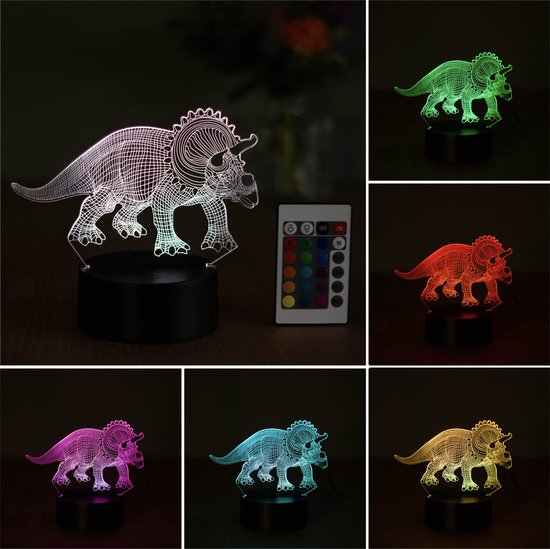 Klarigo® Nachtlamp – 3D LED Lamp Illusie – Triceratops - 16 Kleuren – Bureaulamp – Dinosaurus Lamp – Jurassic Park - Sfeerlamp – Nachtlampje Kinderen – Creative lamp - Afstandsbediening
