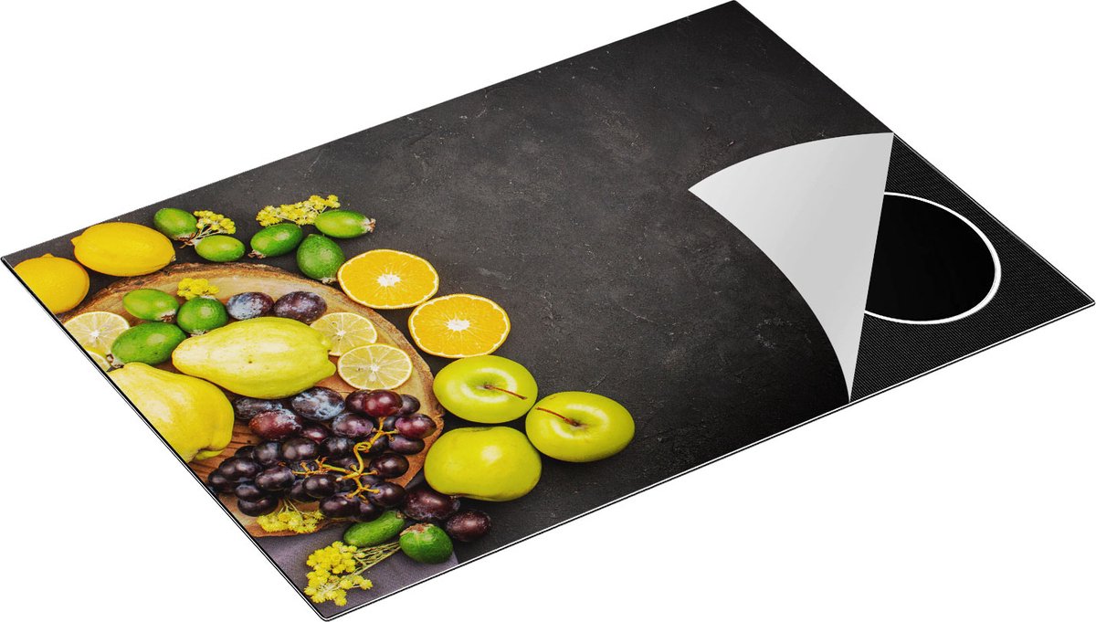 Chefcare Inductie Beschermer Fruit op Zwarte Marmer - 76x51,5 cm - Afdekplaat Inductie - Kookplaat Beschermer - Inductie Mat